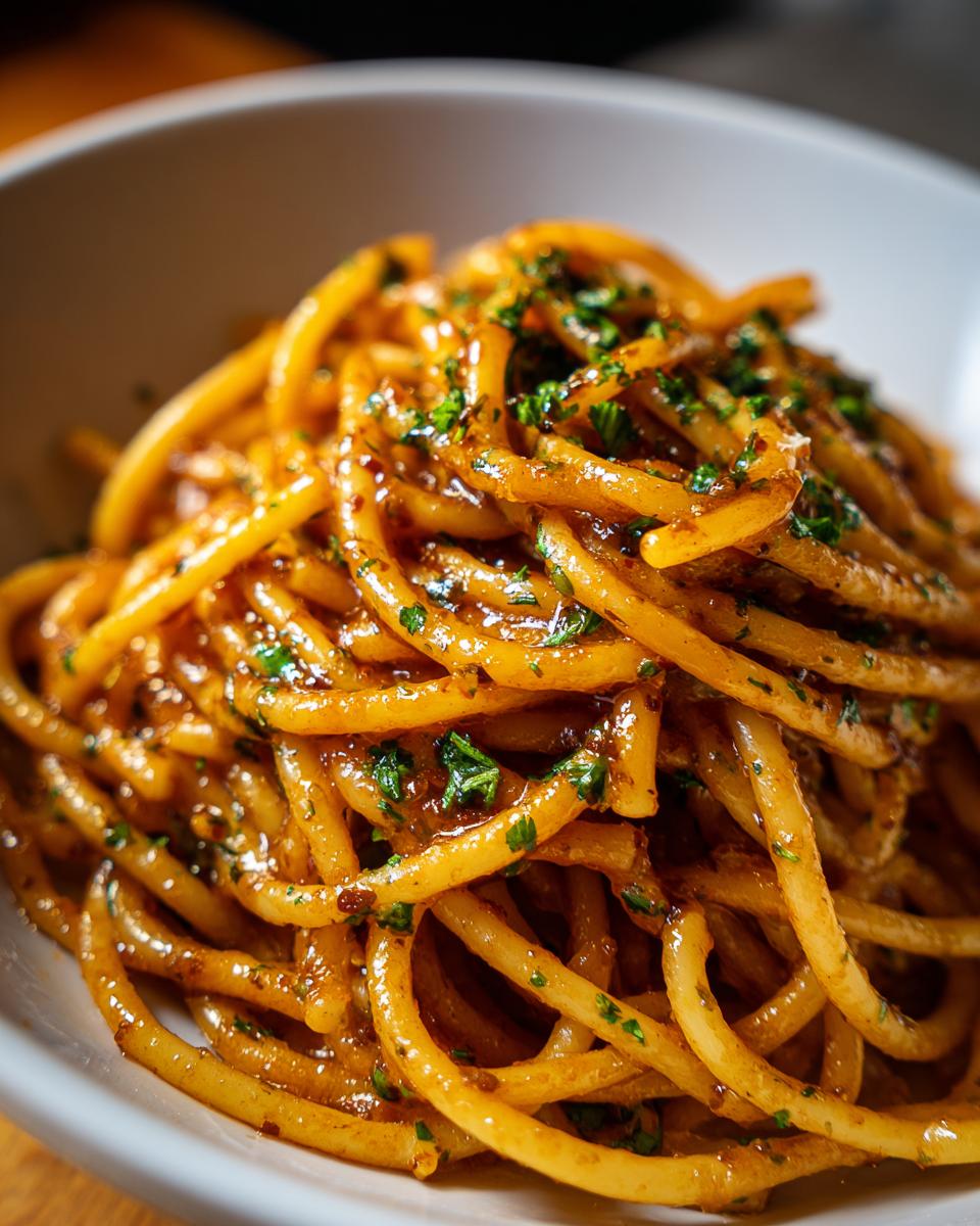 Close-up of a bowl of creamy garlic pasta, coated in a rich sauce and sprinkled with fresh parsley.