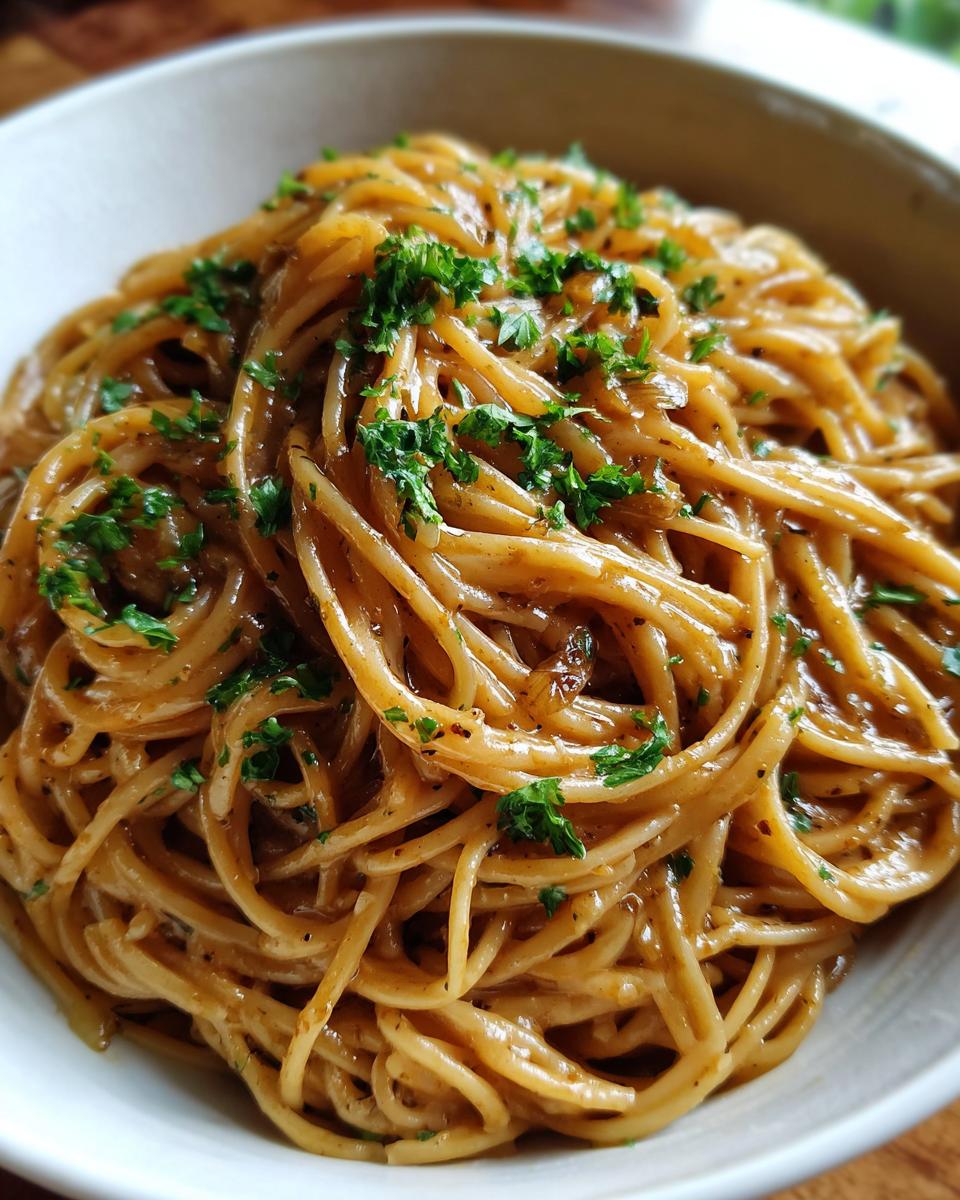 A close-up shot of a bowl of creamy garlic pasta, garnished with fresh parsley.