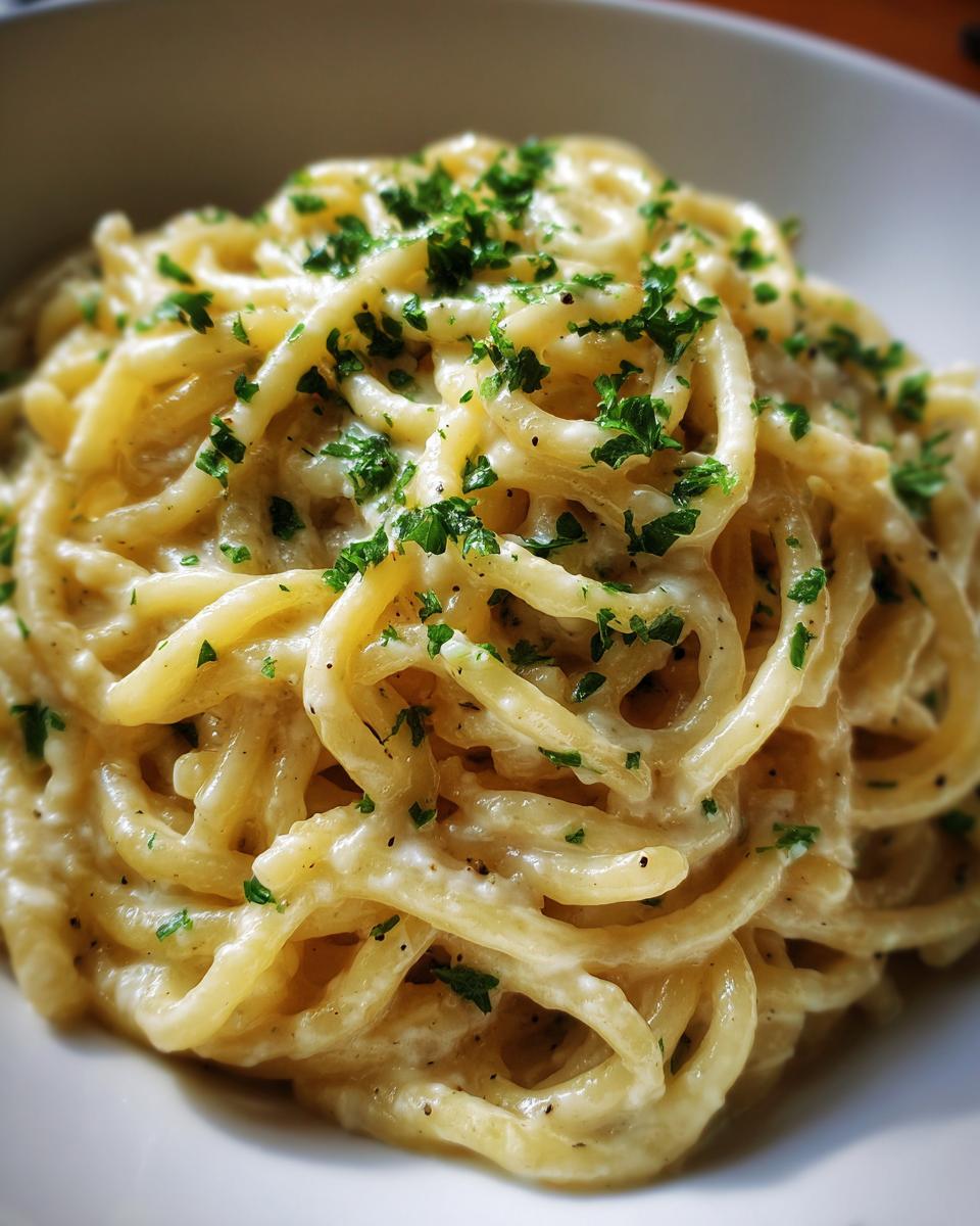 Close-up of a bowl of creamy garlic pasta, coated in a rich sauce and sprinkled with fresh parsley.