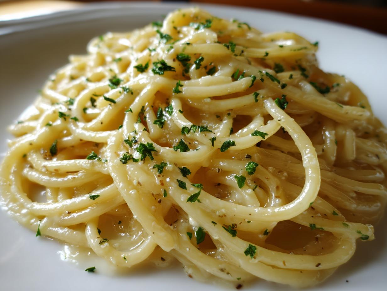 A close-up of a plate of creamy garlic pasta, garnished with fresh parsley.