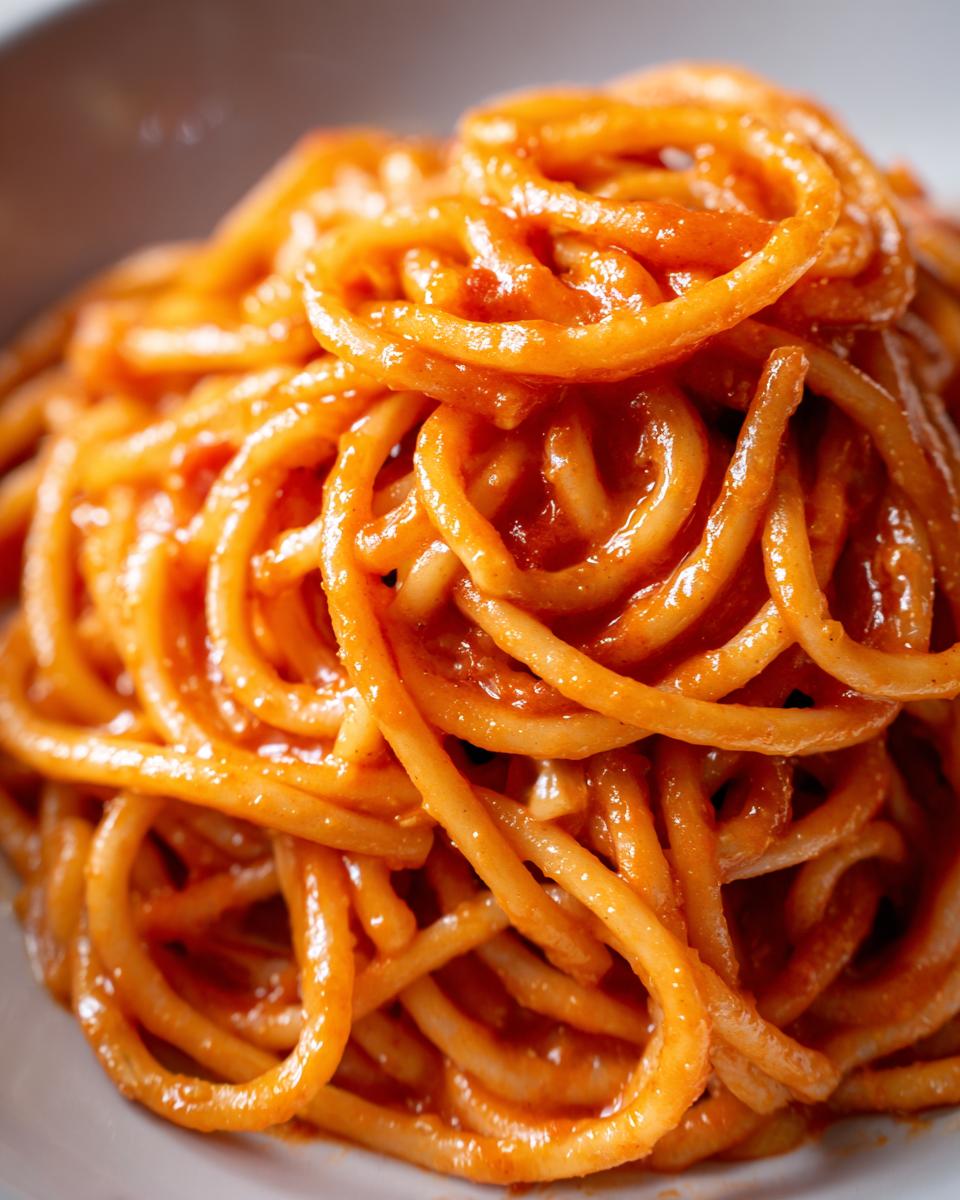 A close-up shot of a generous portion of creamy garlic tomato pasta, showcasing the rich sauce coating the spaghetti.