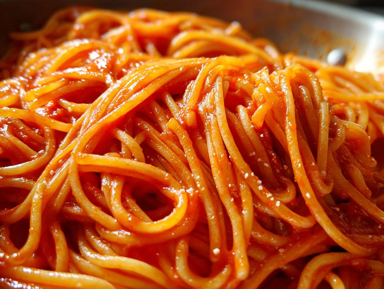 A close-up shot of delicious creamy garlic tomato pasta, showing the texture of the spaghetti coated in sauce.