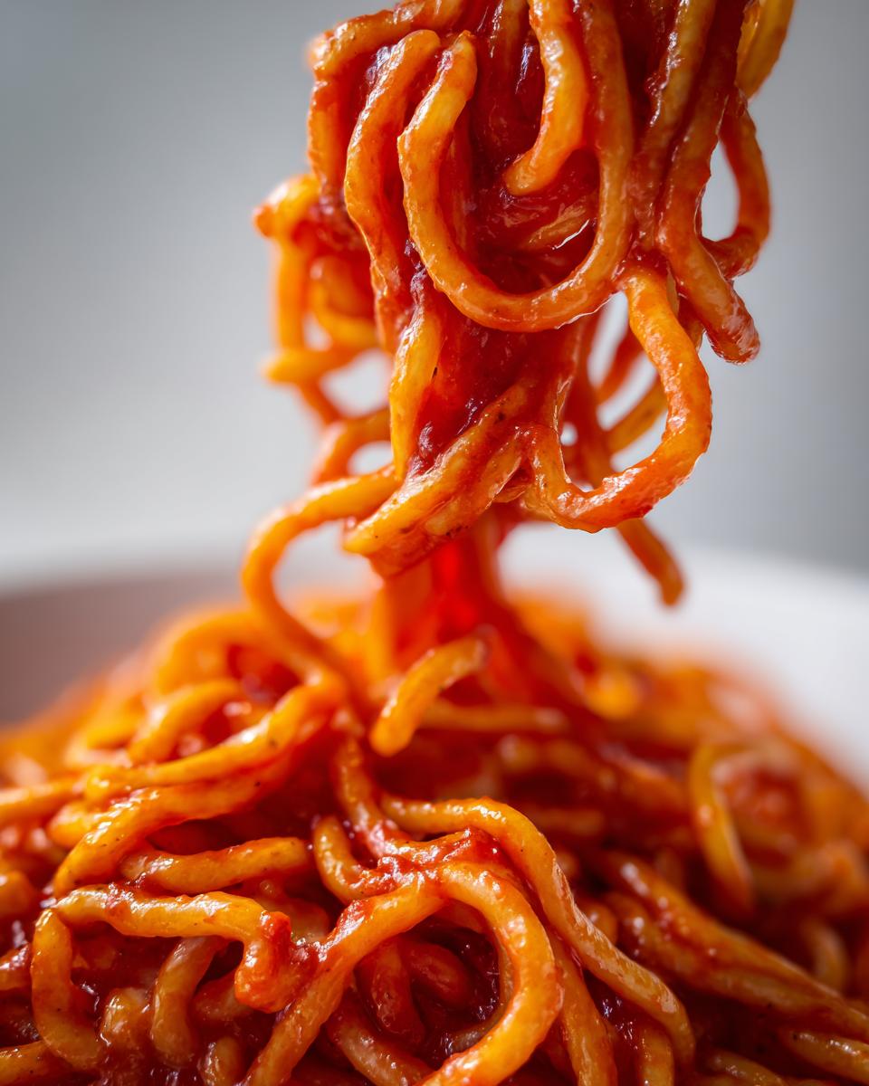 Close-up of spaghetti noodles coated in a rich, creamy garlic tomato pasta sauce.