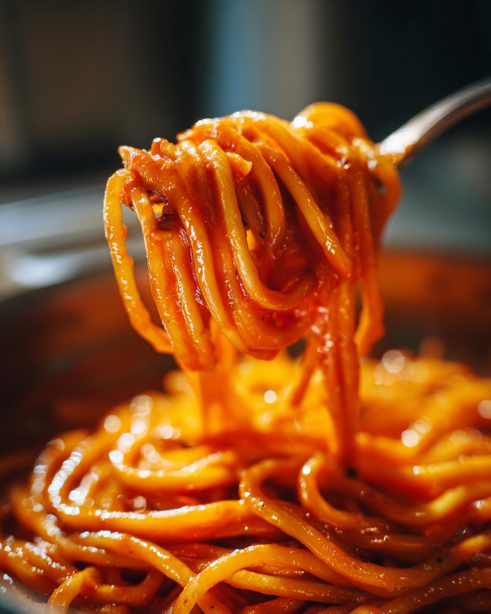 Close-up of a fork twirling creamy garlic tomato pasta, showing the rich sauce coating the spaghetti.