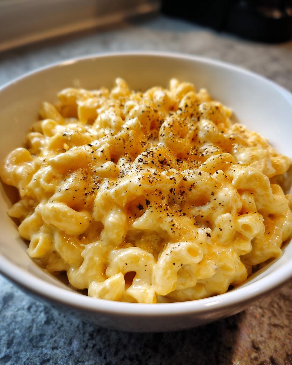 A close-up of a bowl of creamy stovetop mac and cheese, topped with black pepper.