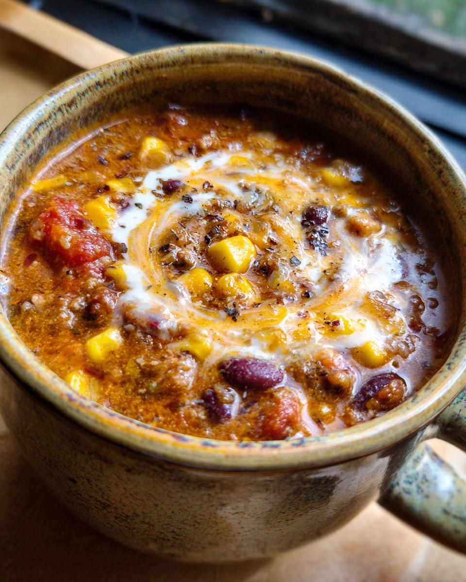 Close-up of a hearty bowl of Creamy Taco Soup with corn, beans, and a swirl of cream.