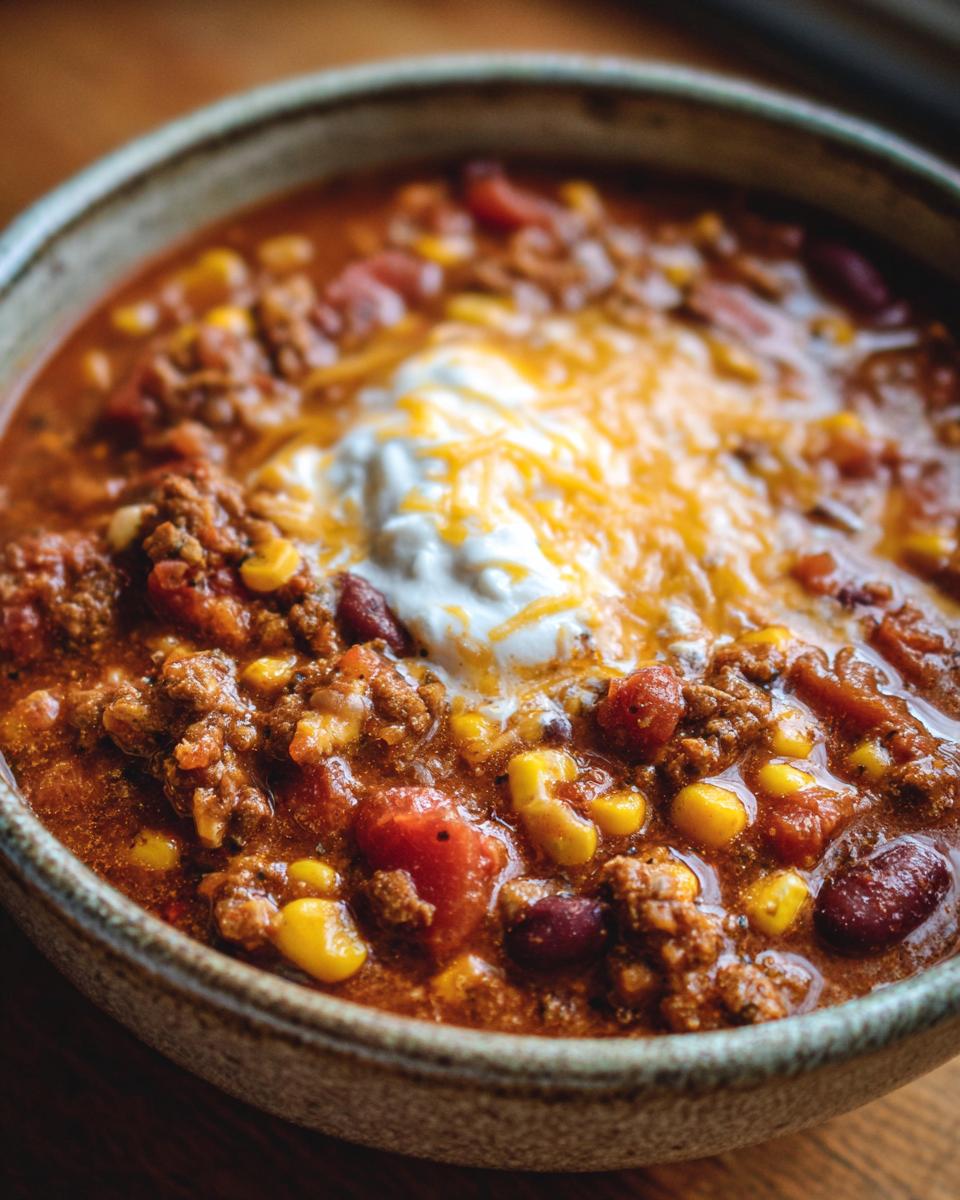 A close-up view of a hearty bowl of Creamy Taco Soup, topped with a dollop of sour cream and shredded cheese.