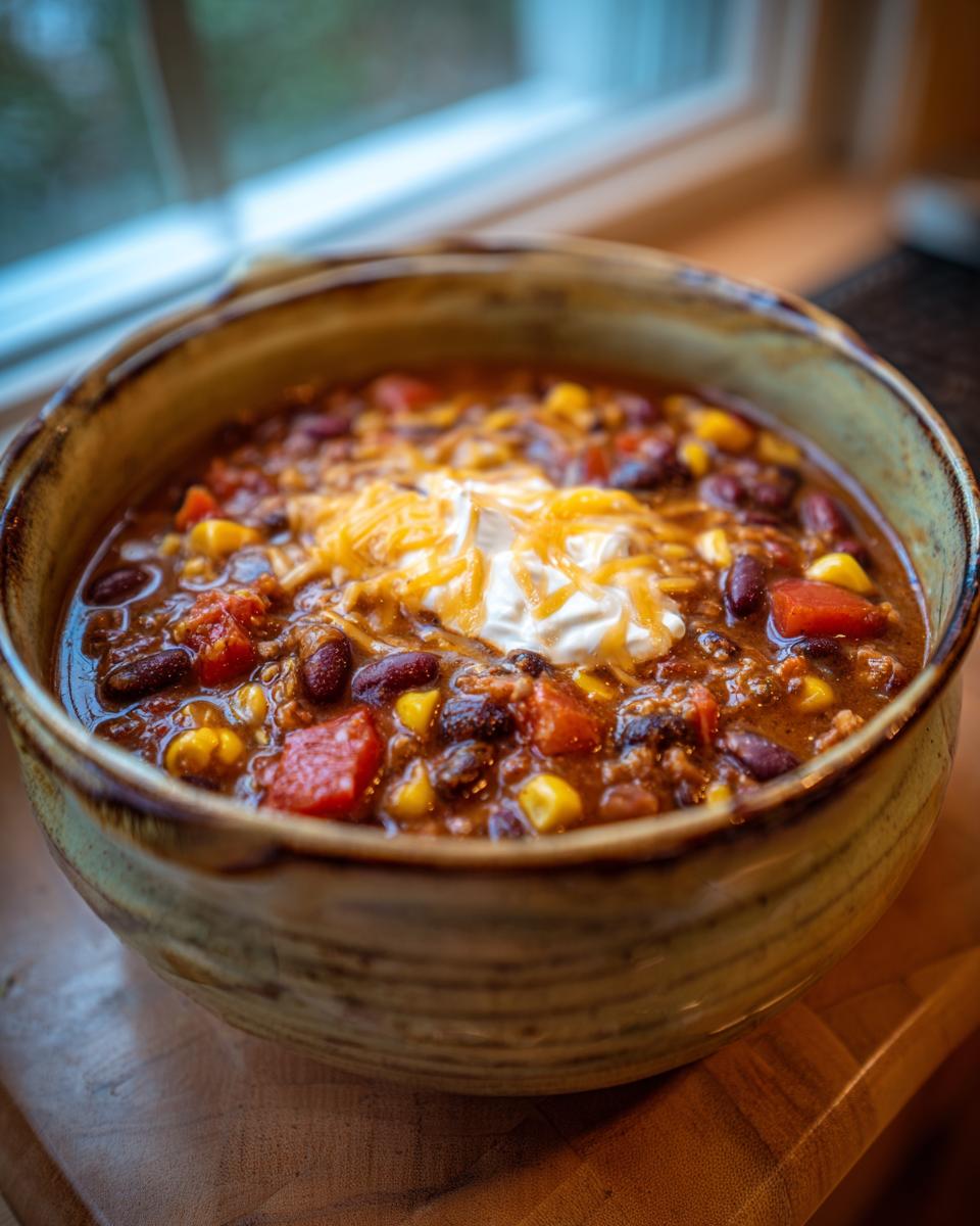 A close-up of a bowl of creamy taco soup, topped with shredded cheese and a dollop of sour cream.
