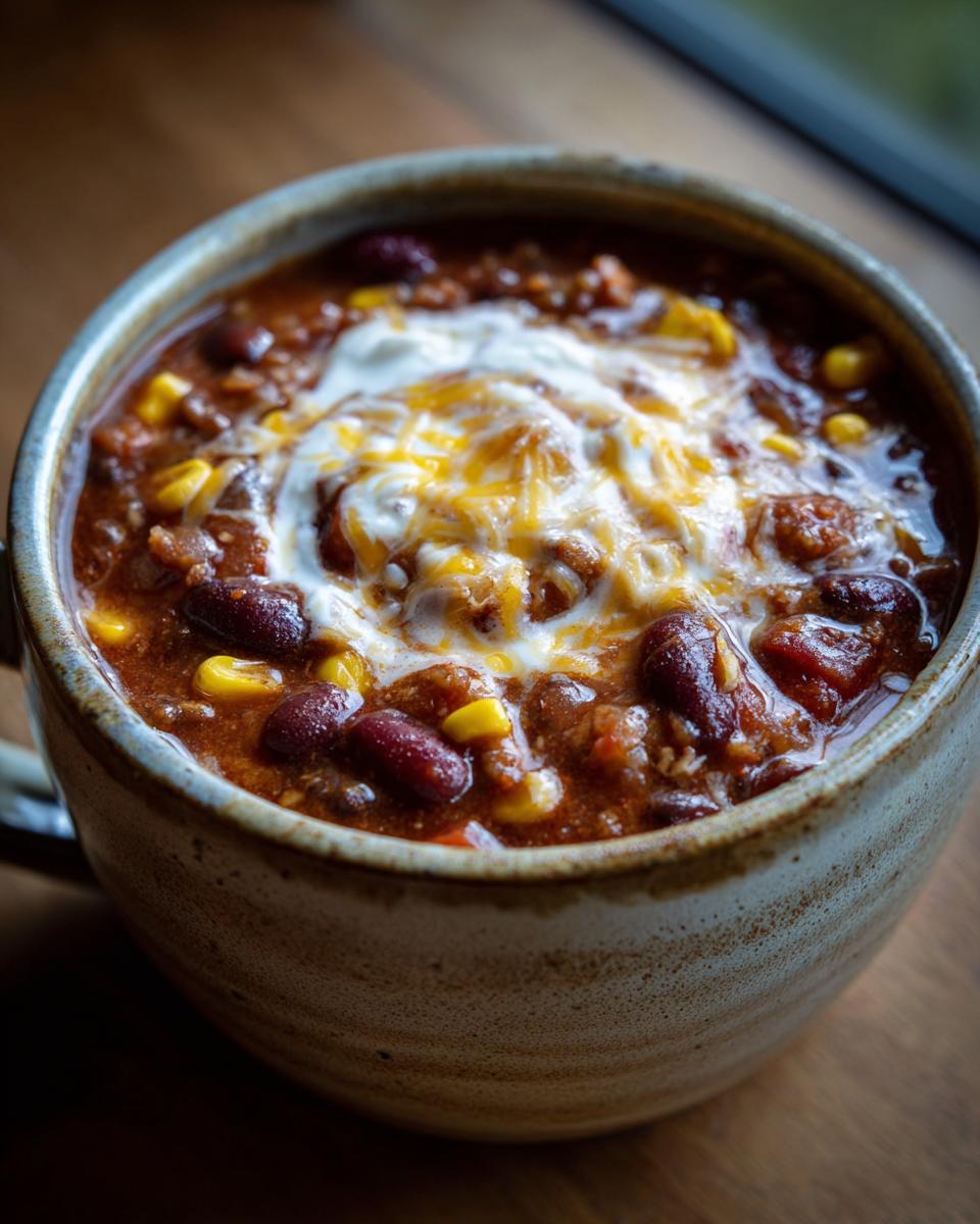 Close-up of a bowl of Creamy Taco Soup, topped with a swirl of sour cream and shredded cheese.