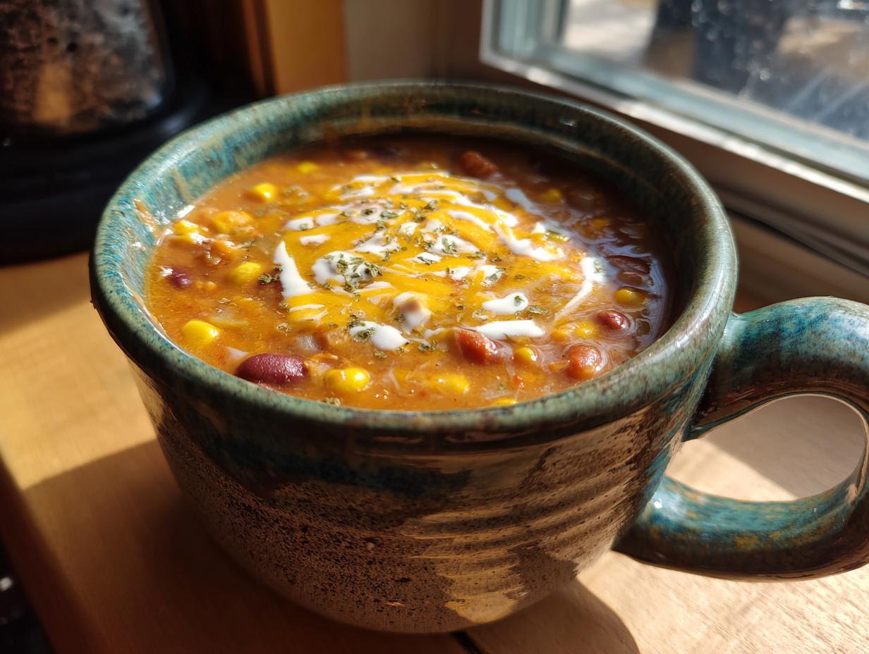 A close-up of a steaming bowl of Creamy Taco Soup, topped with shredded cheese and a swirl of sour cream.