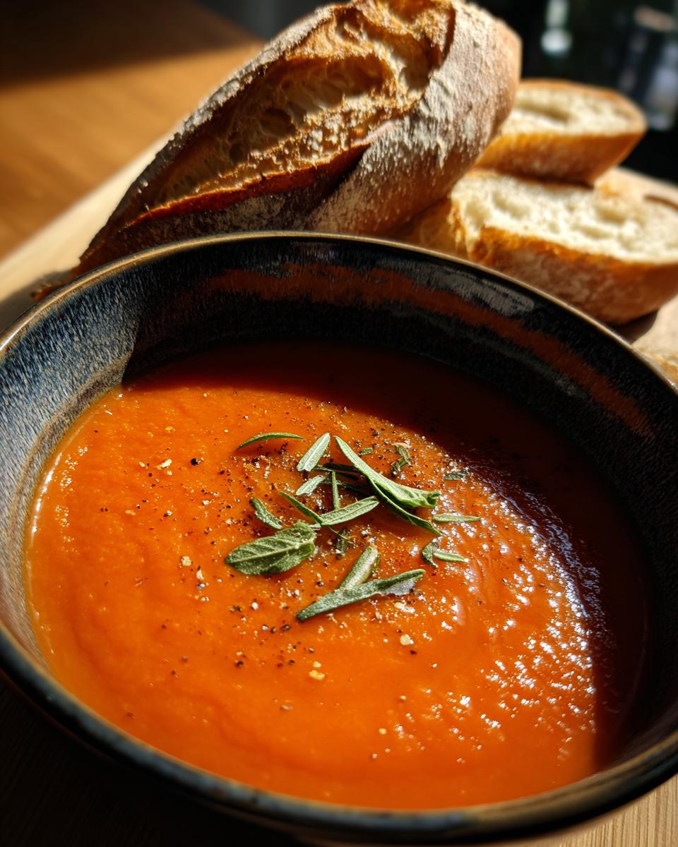 A close-up of a bowl of vibrant creamy tomato soup topped with herbs and pepper, served with crusty bread.