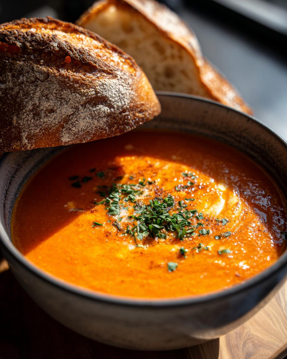 A close-up of a bowl of creamy tomato soup, garnished with herbs and a swirl of cream, served with crusty bread.