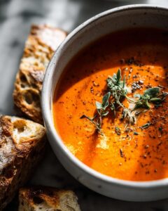 A bowl of vibrant creamy tomato soup garnished with fresh herbs and black pepper, served with crusty bread.