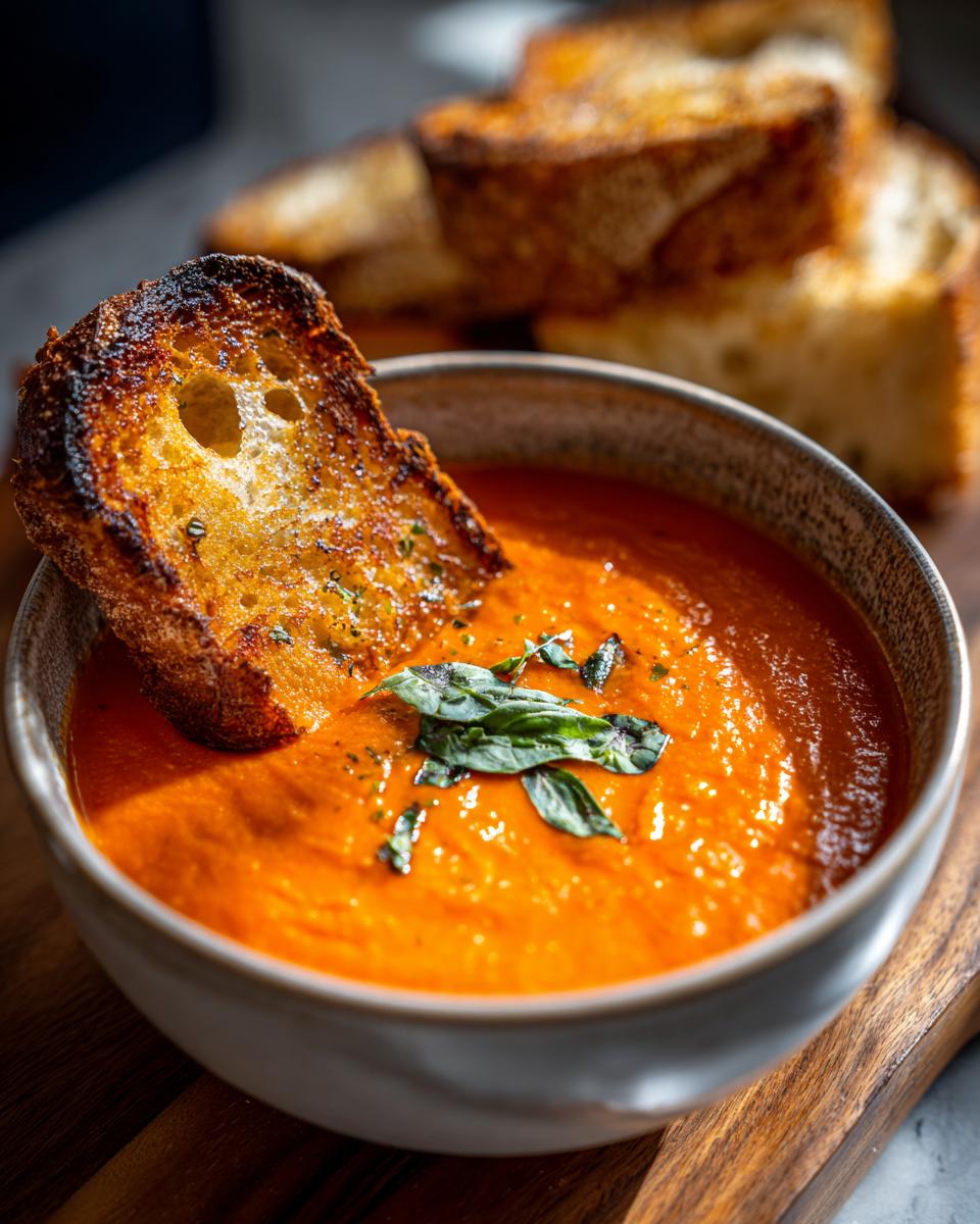 A bowl of vibrant creamy tomato soup topped with fresh basil and a slice of toasted bread.