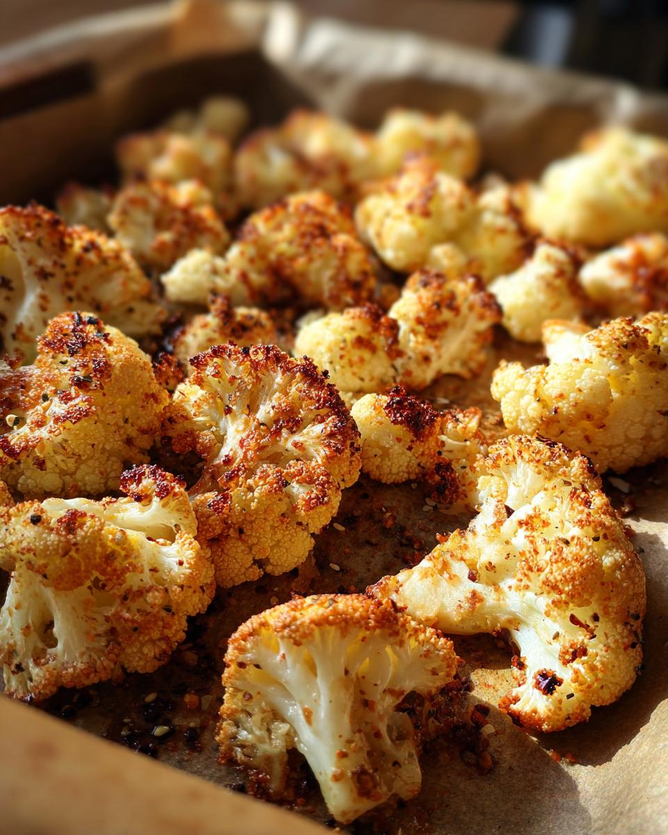 Close-up of perfectly Crispy Baked Cauliflower florets, seasoned and golden brown on a baking sheet.