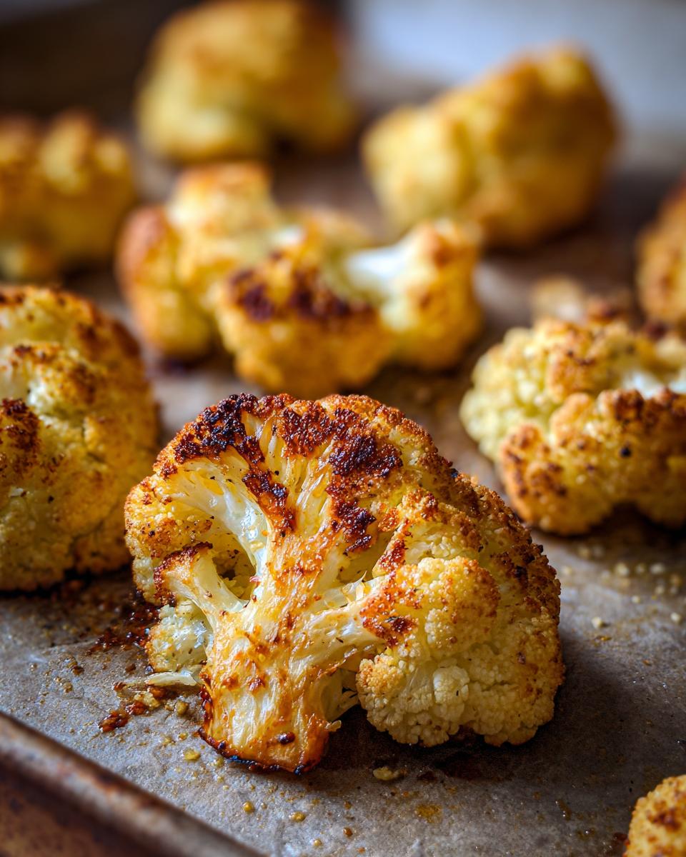 Close-up of perfectly Crispy Baked Cauliflower florets on a baking sheet, showing golden-brown edges and tender texture.