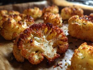 Close-up of perfectly Crispy Baked Cauliflower florets, golden brown and seasoned with herbs, on a baking sheet.