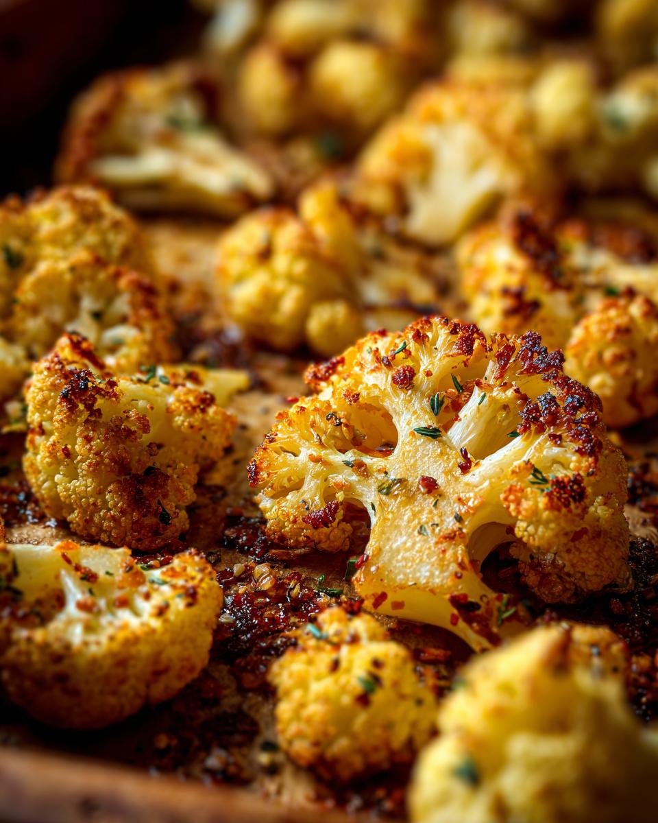 Close-up of golden-brown crispy baked cauliflower florets sprinkled with herbs and spices.