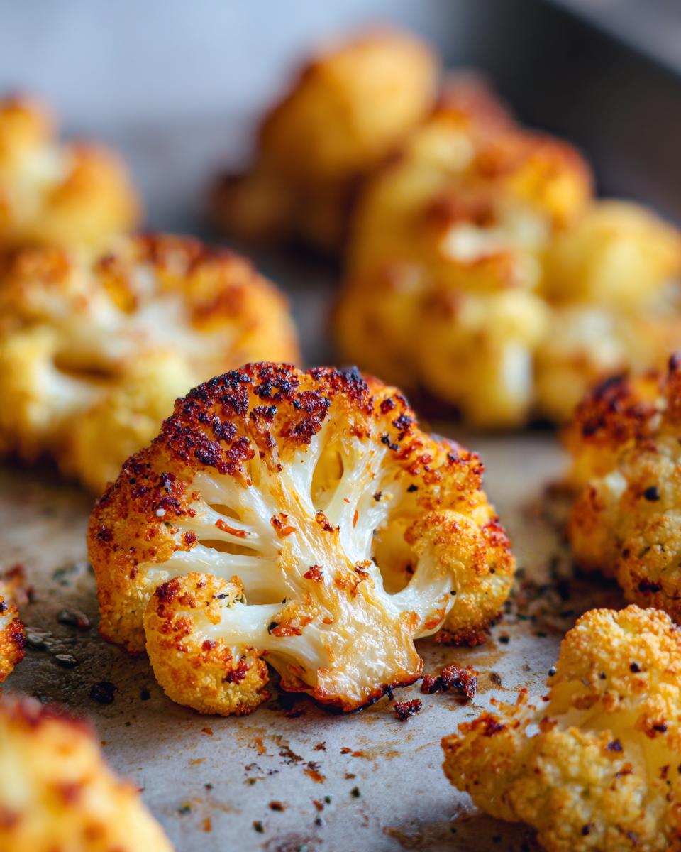 Close-up of perfectly Crispy Baked Cauliflower florets, golden brown and slightly charred.