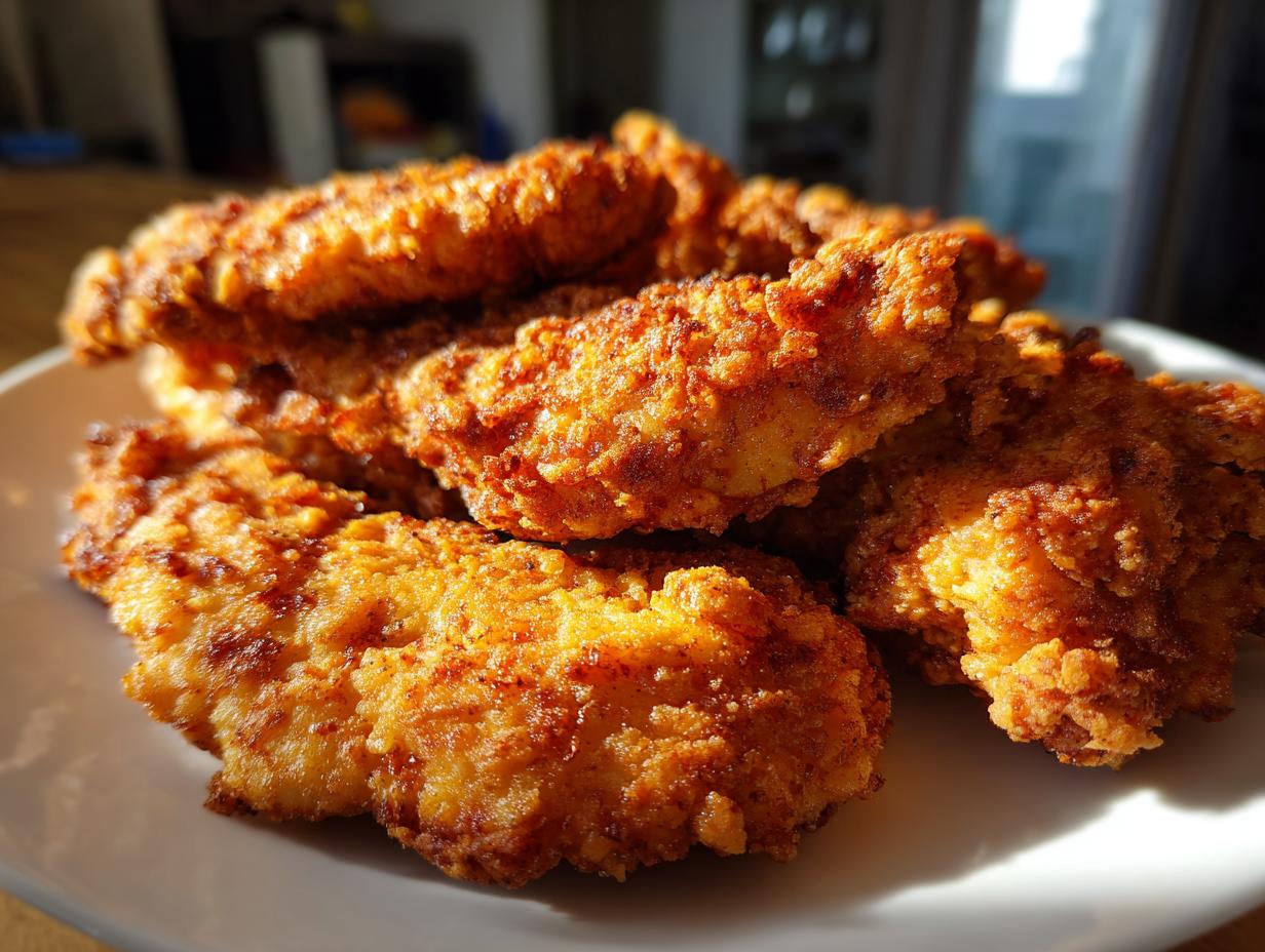 A close-up of a pile of golden-brown, crispy chicken tenders on a white plate, ready to be served.