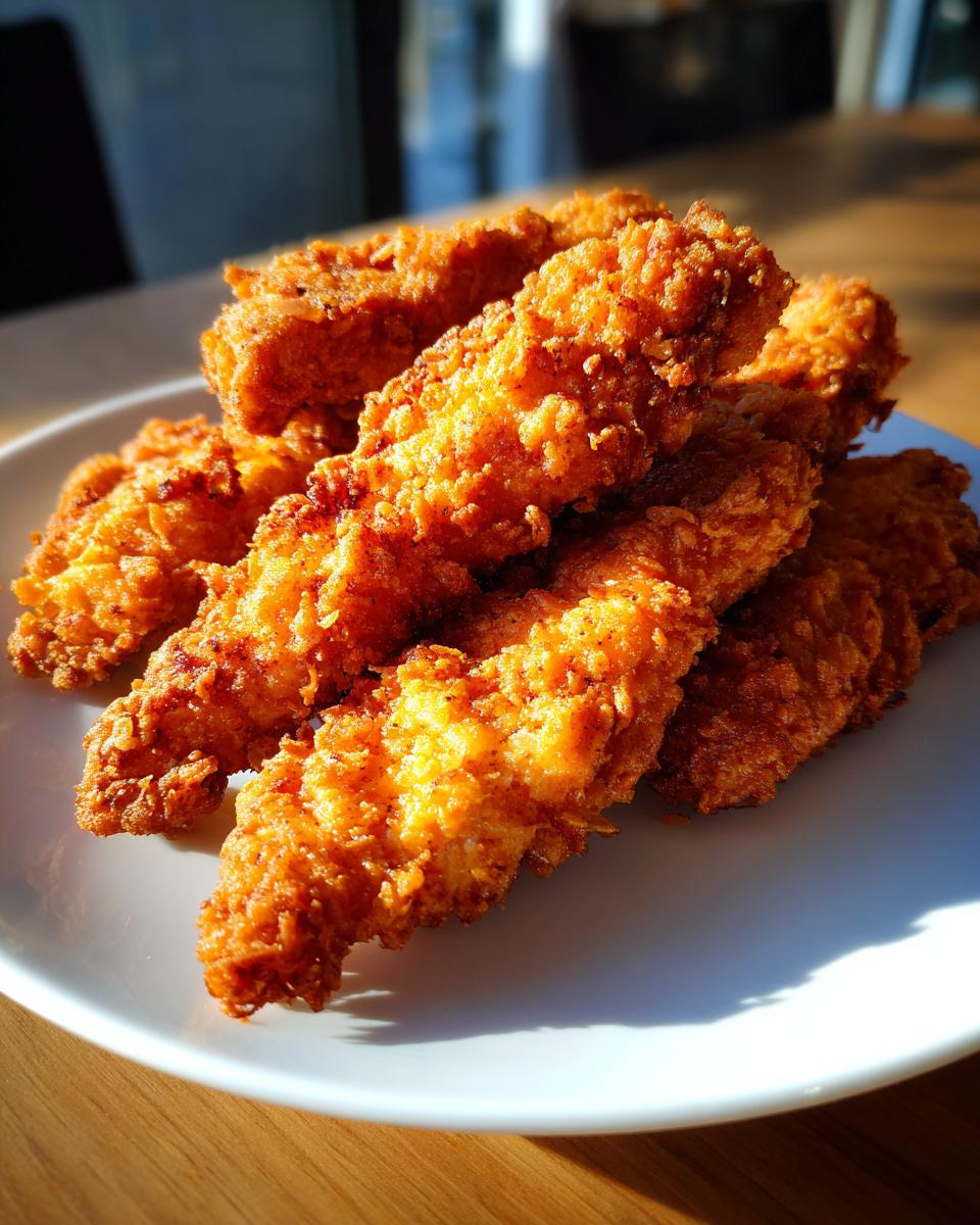 A pile of perfectly golden and crispy chicken tenders on a white plate, ready to be served.