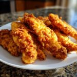 A close-up of a white plate filled with golden-brown, crispy chicken tenders.