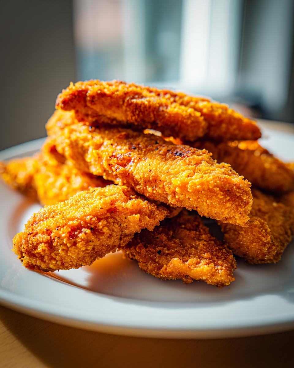 A close-up shot of a plate piled high with golden brown, crispy chicken tenders.