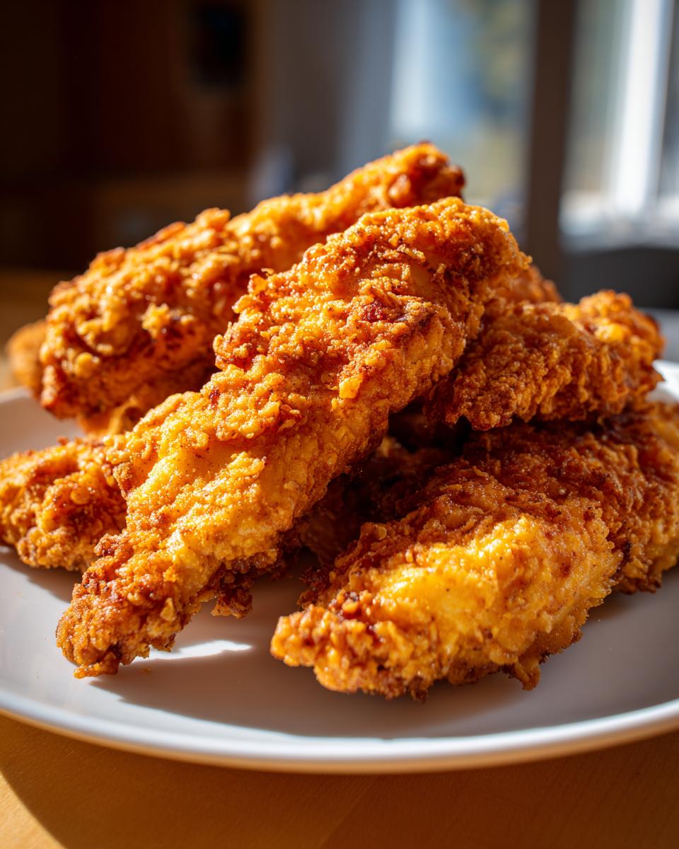 A close-up of a pile of golden-brown, crispy chicken tenders on a white plate.