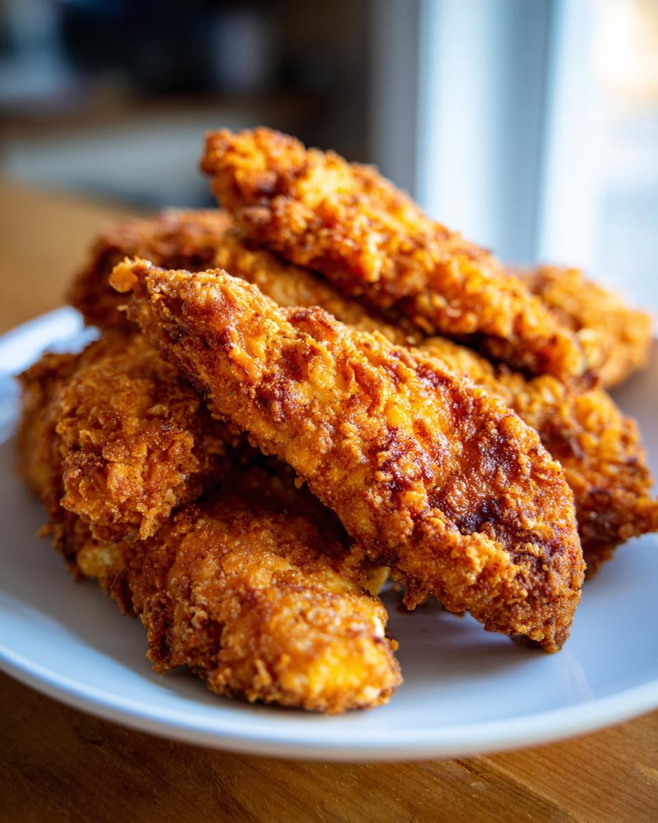 A close-up shot of a pile of golden-brown crispy chicken tenders on a white plate.