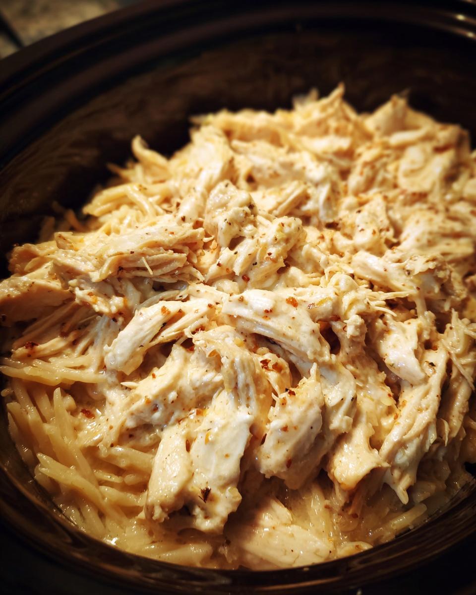 Close-up of shredded Crock Pot Angel Chicken in a creamy sauce, seasoned with red pepper flakes.