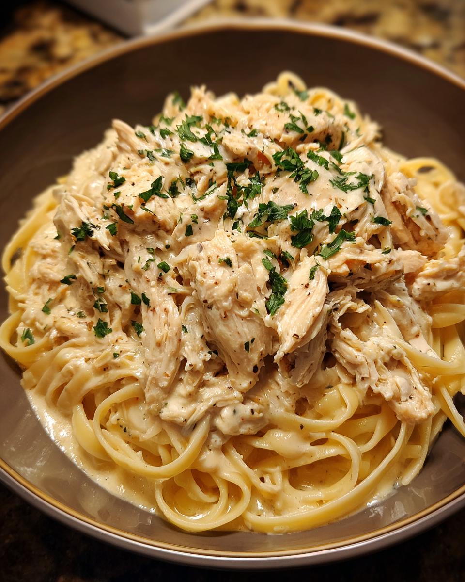 A bowl of fettuccine pasta topped with shredded Crock Pot Angel Chicken in a creamy sauce and garnished with parsley.