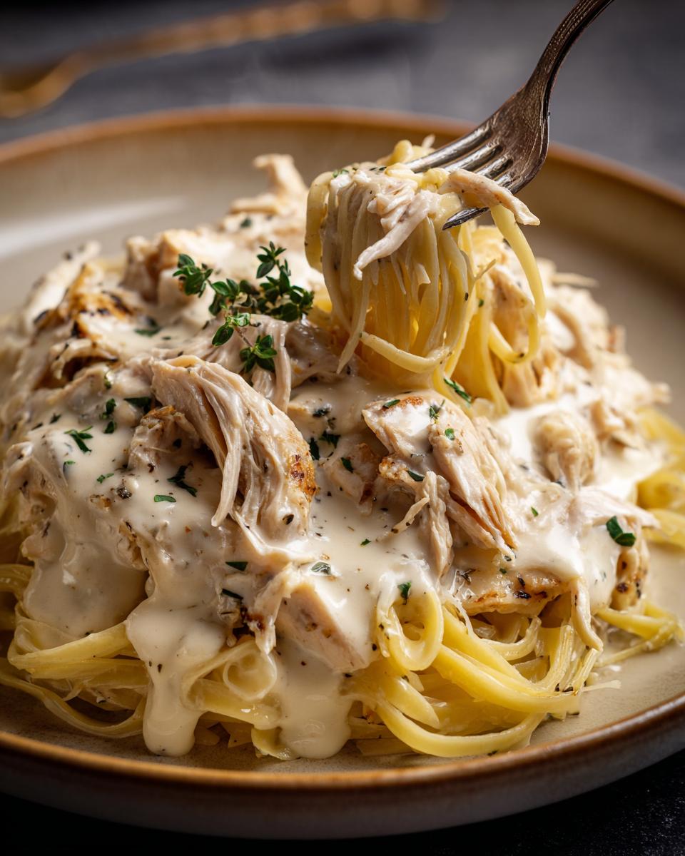 A fork lifting a portion of pasta and shredded chicken coated in creamy sauce, part of a Crock Pot Angel Chicken dish.