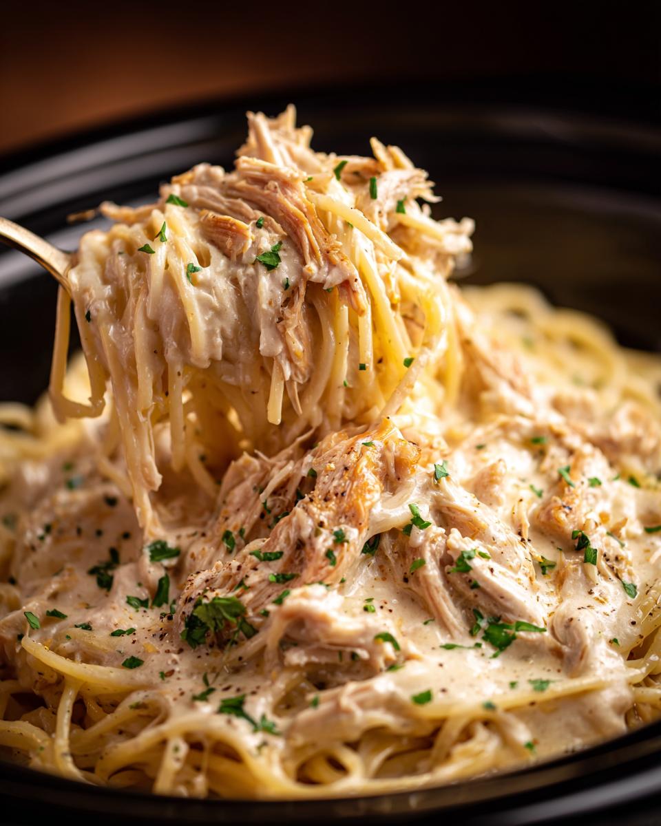 A fork lifting a generous portion of Crock Pot Angel Chicken mixed with creamy spaghetti and garnished with parsley.