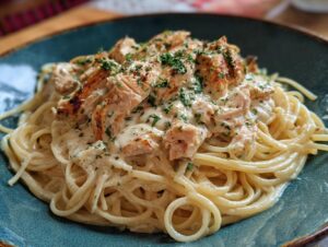 A close-up of Crock Pot Angel Chicken served over a bed of spaghetti, garnished with fresh parsley.