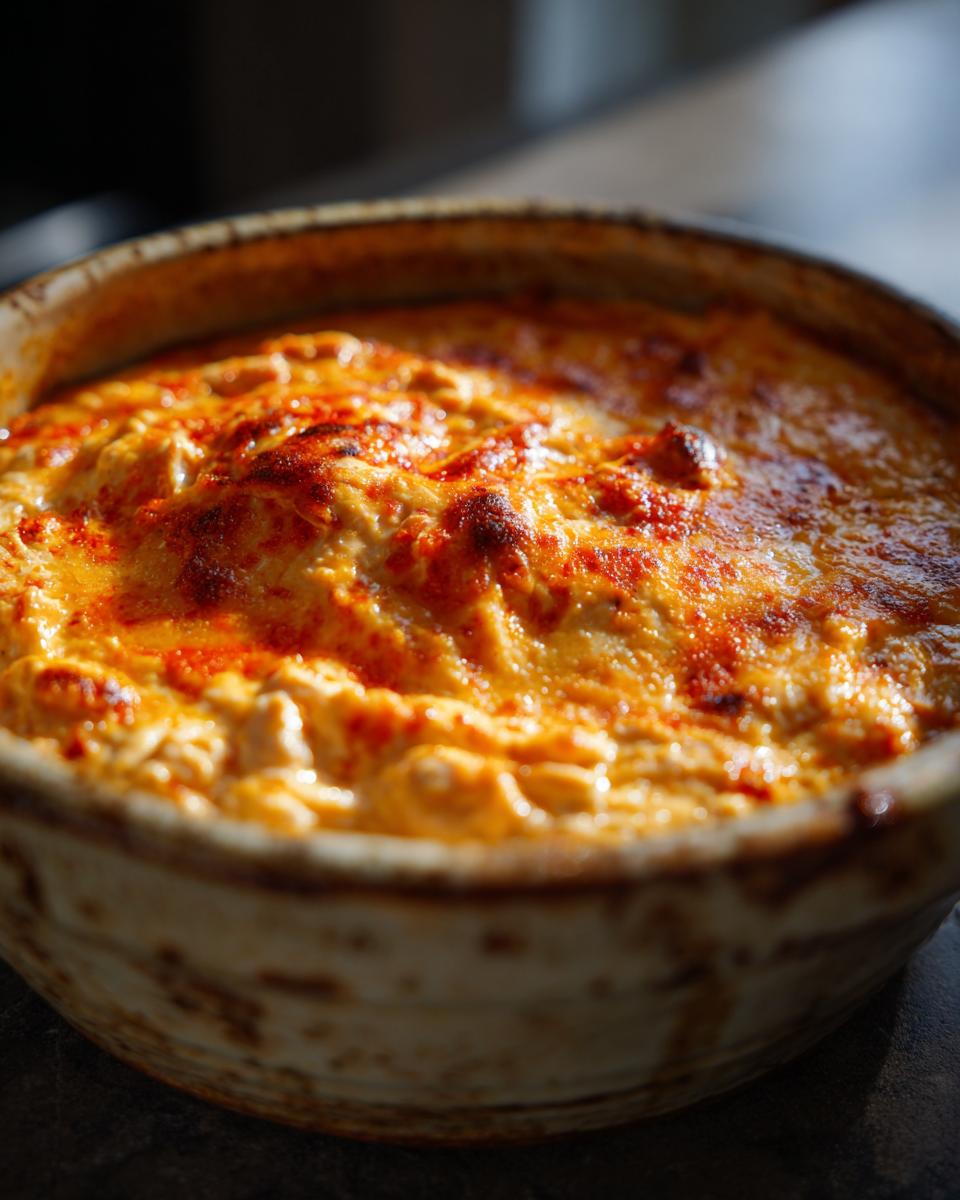 Close-up of a bubbling crockpot buffalo chicken dip in a rustic ceramic dish, with a sprinkle of paprika on top.