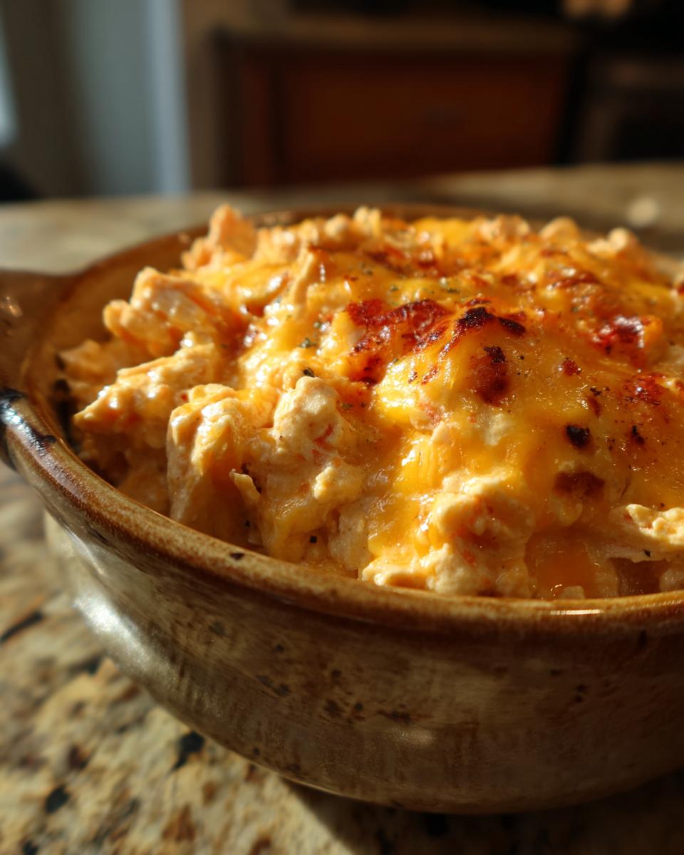 Close-up of a rustic brown bowl filled with bubbling crockpot buffalo chicken dip topped with melted cheddar cheese.