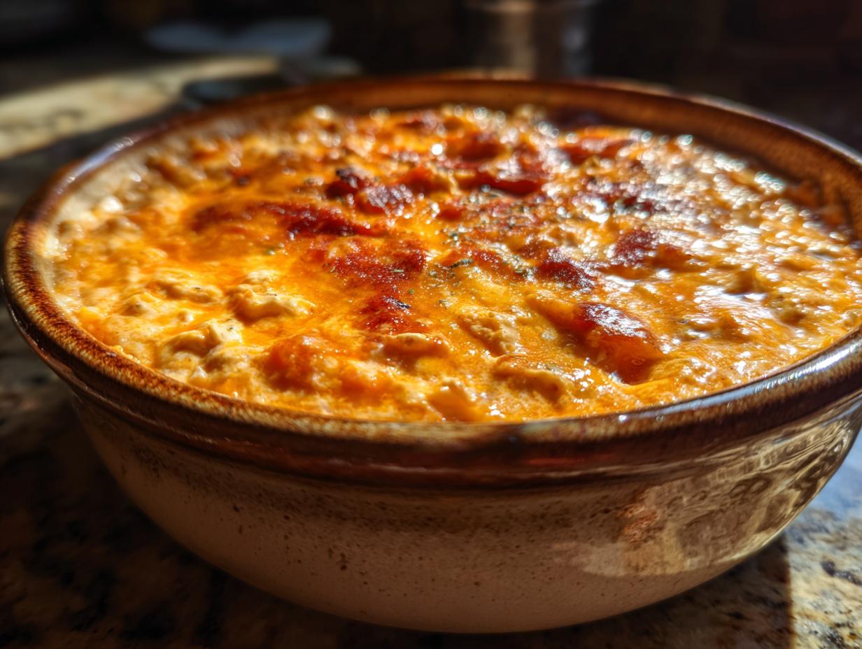Close-up of a bubbly, cheesy crockpot buffalo chicken dip fresh from the oven in a rustic bowl.