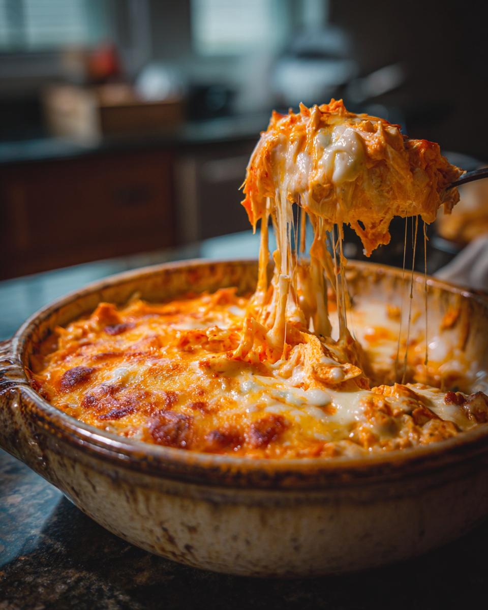 A spoonful of gooey crockpot buffalo chicken dip being lifted from a baking dish, showing melted cheese strings.