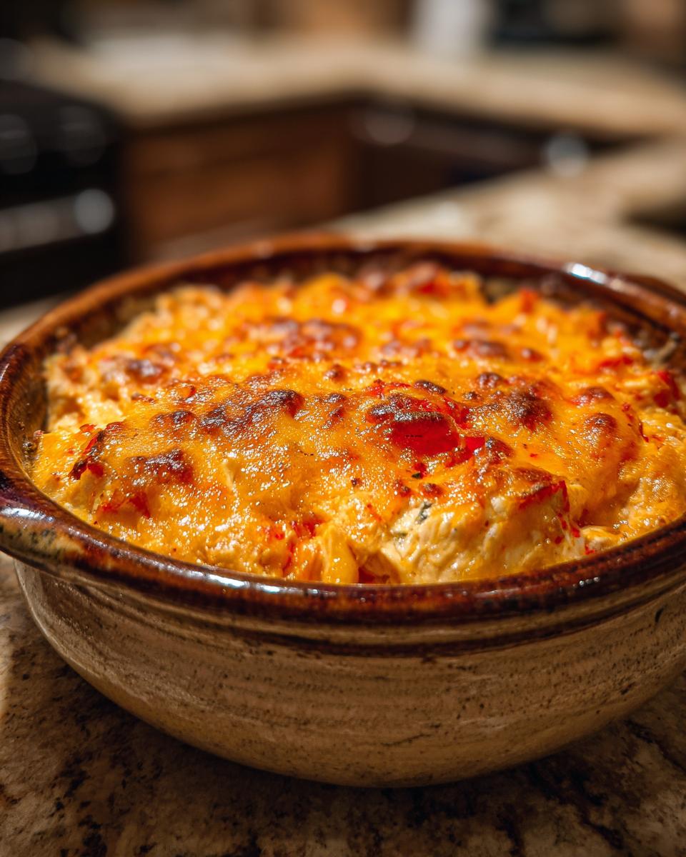 Close-up of a bubbling crockpot buffalo chicken dip with melted, golden-brown cheese and red flecks.