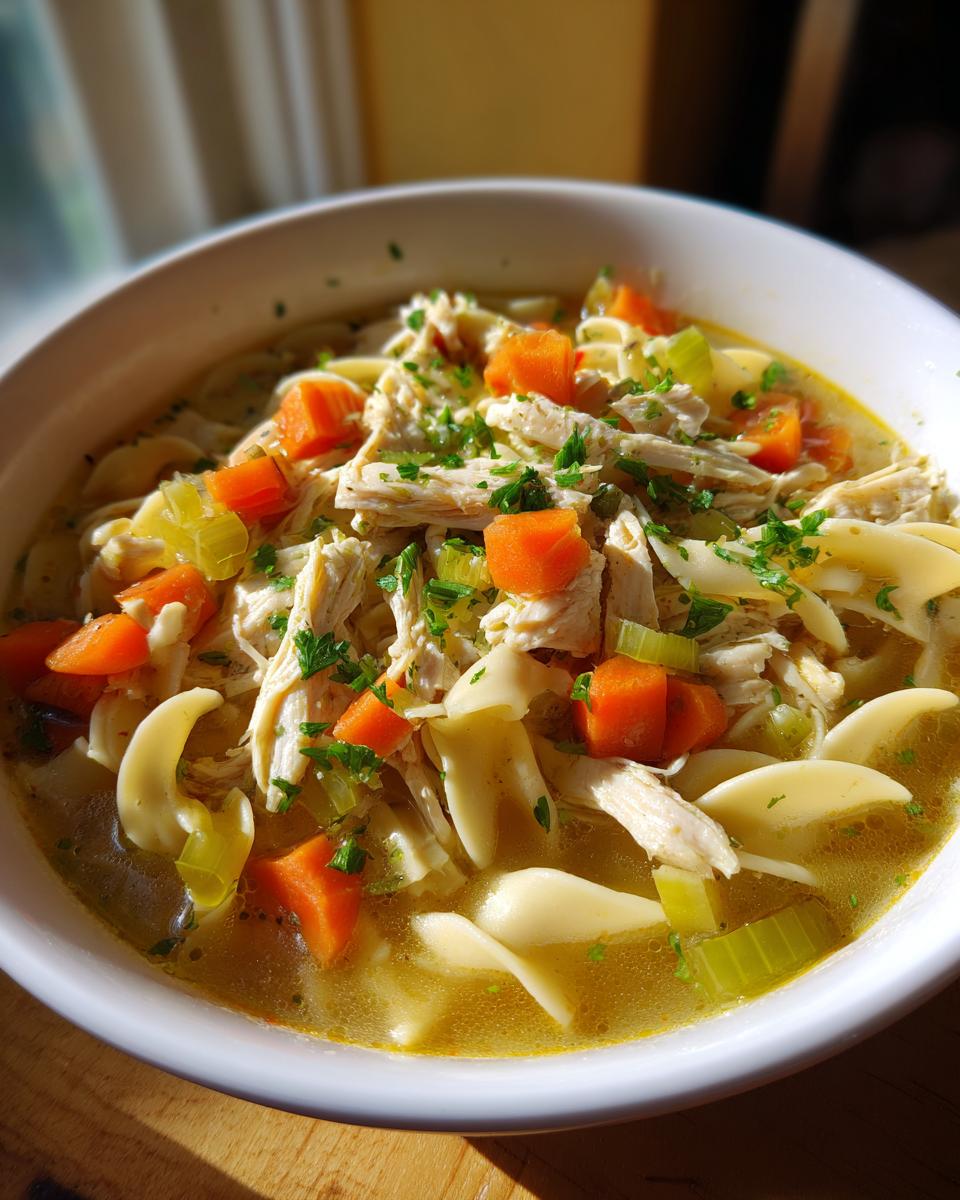 A close-up of a white bowl filled with steaming Crockpot chicken noodle soup, featuring shredded chicken, egg noodles, carrots, celery, and parsley.