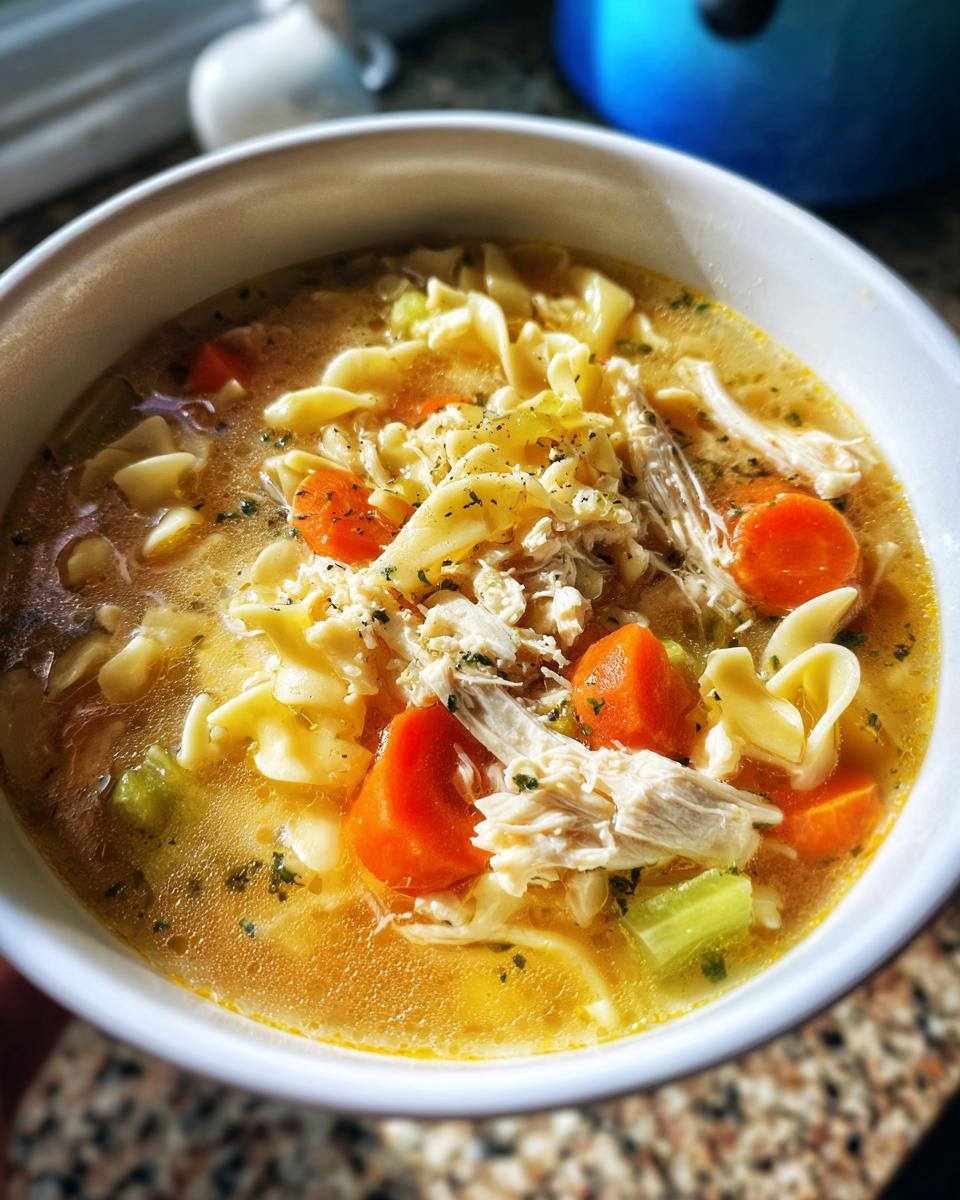 A close-up of a bowl of Crockpot chicken noodle soup with shredded chicken, egg noodles, carrots, and celery.
