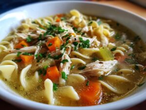 A comforting bowl of Crockpot chicken noodle soup with shredded chicken, egg noodles, carrots, and celery, garnished with parsley.