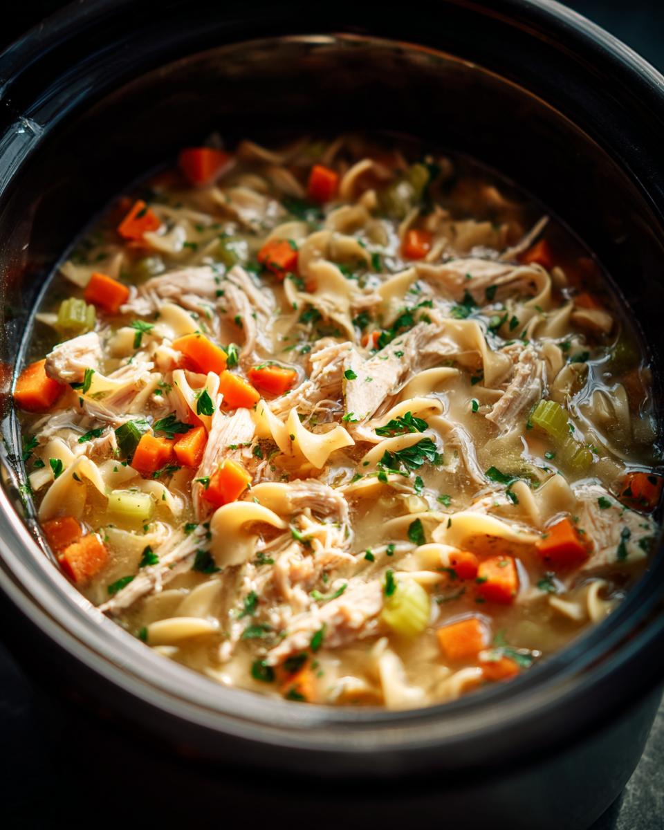 Close-up of hearty Crockpot Chicken Noodle Soup with noodles, shredded chicken, carrots, and celery in a slow cooker.