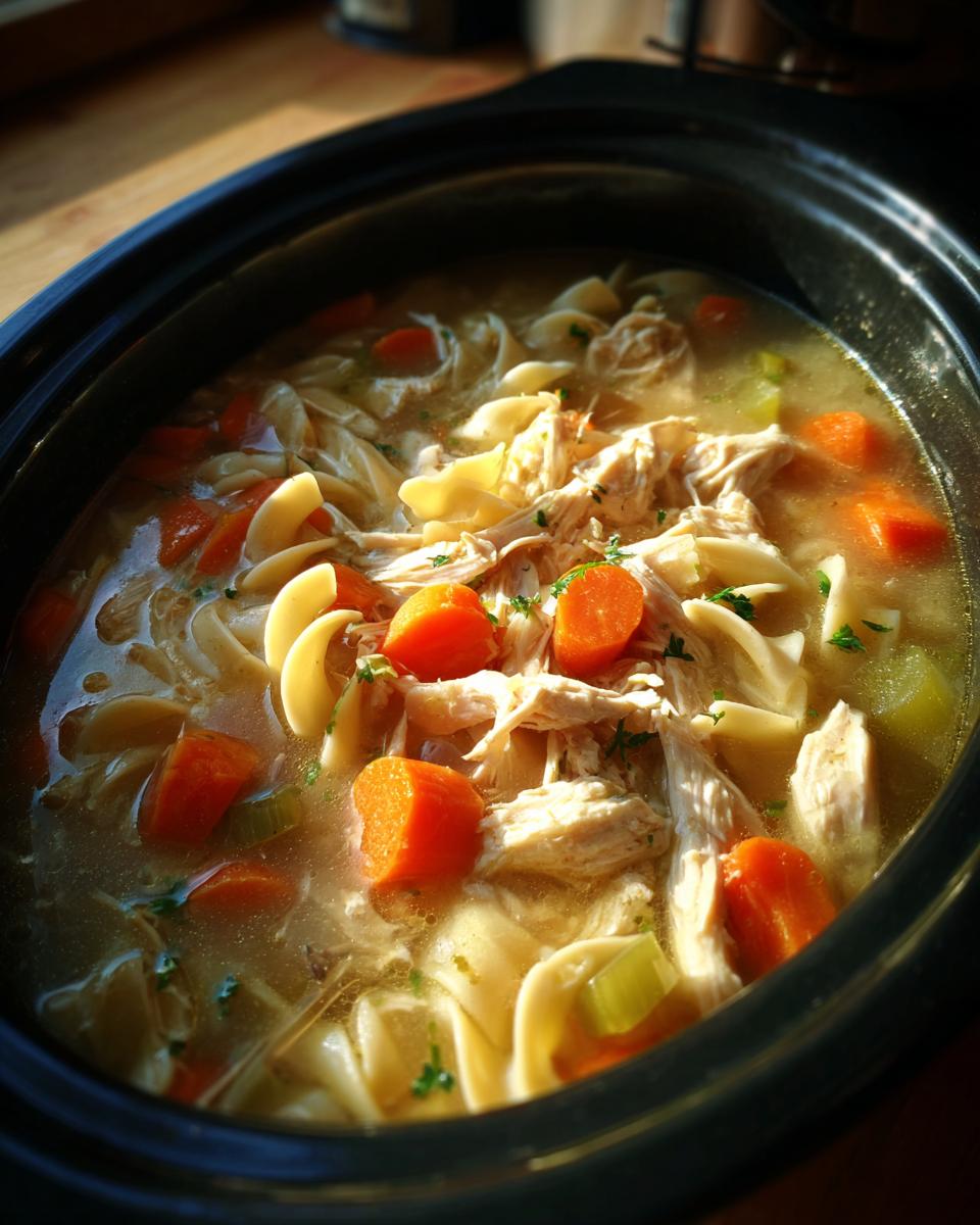 Close-up of hearty Crockpot chicken noodle soup with shredded chicken, carrots, and noodles in a slow cooker.