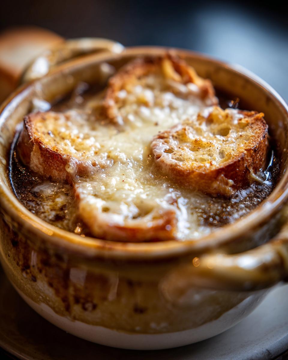 Close-up of a steaming bowl of crockpot French onion soup topped with melted cheese and toasted bread.