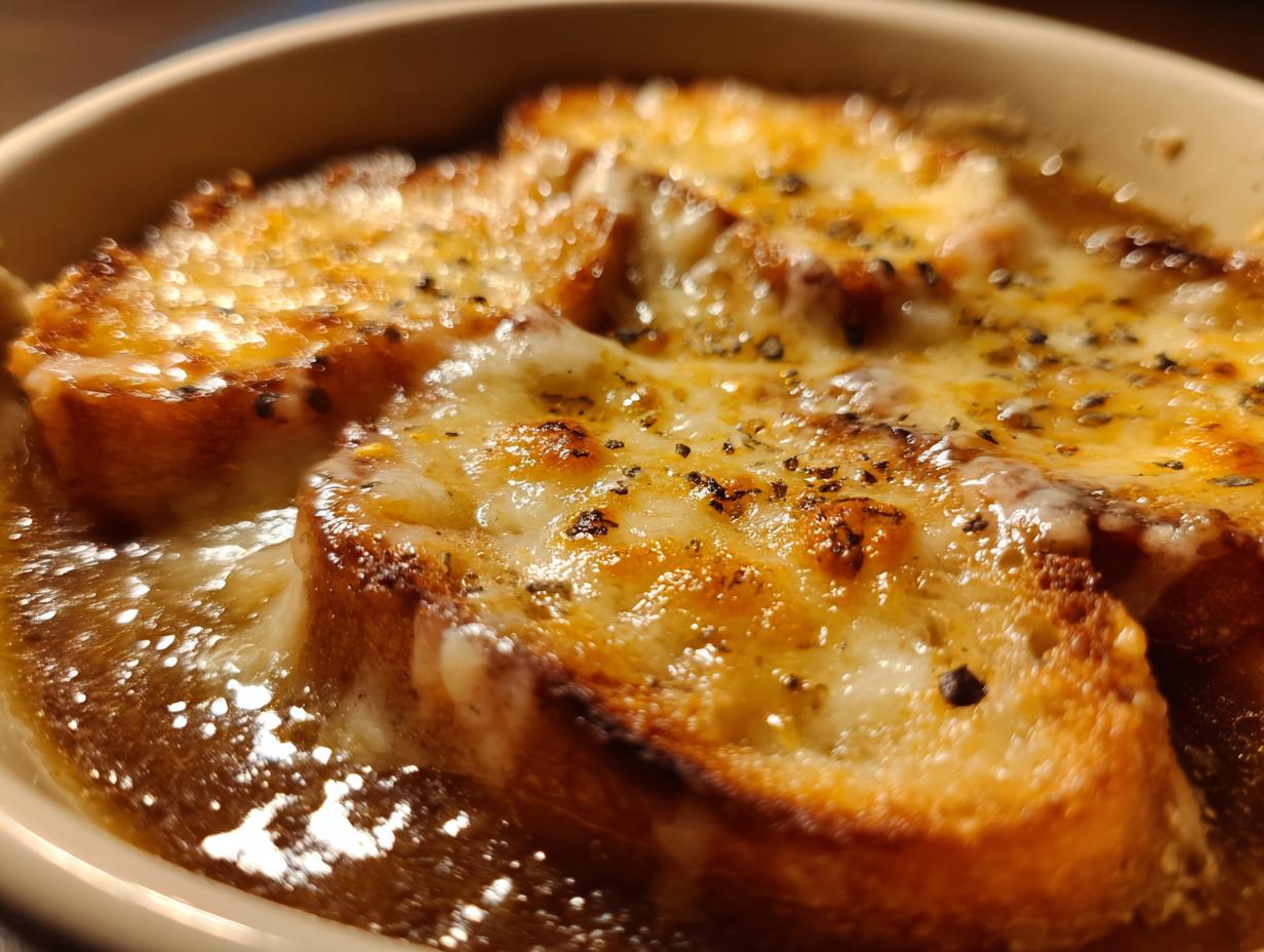 Close-up of a bowl of crockpot French onion soup topped with toasted bread and melted, bubbly cheese.