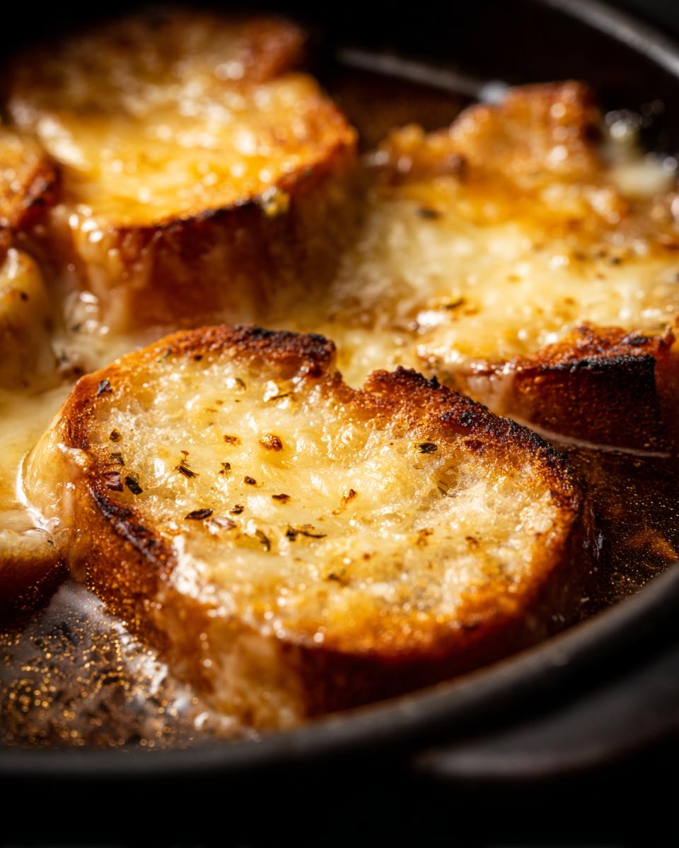 Close-up of toasted bread slices topped with melted cheese in a bowl of crockpot French onion soup.