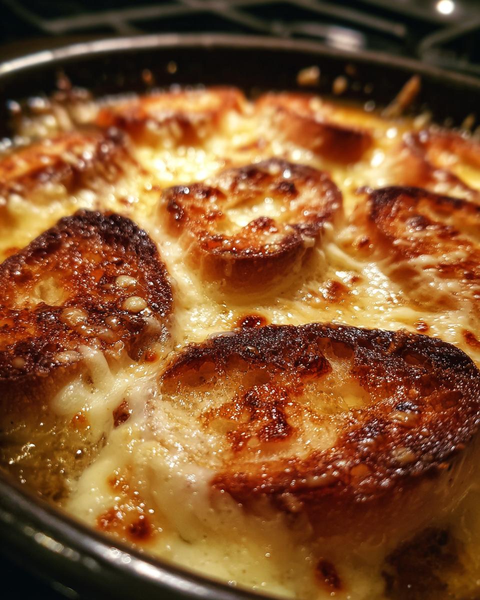 Close-up of golden-brown toasted bread slices covered in melted, bubbly cheese, a signature topping for crockpot French onion soup.