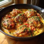 Close-up of Crockpot Marry Me Chicken thighs in a creamy, tomato-based sauce, garnished with fresh herbs.