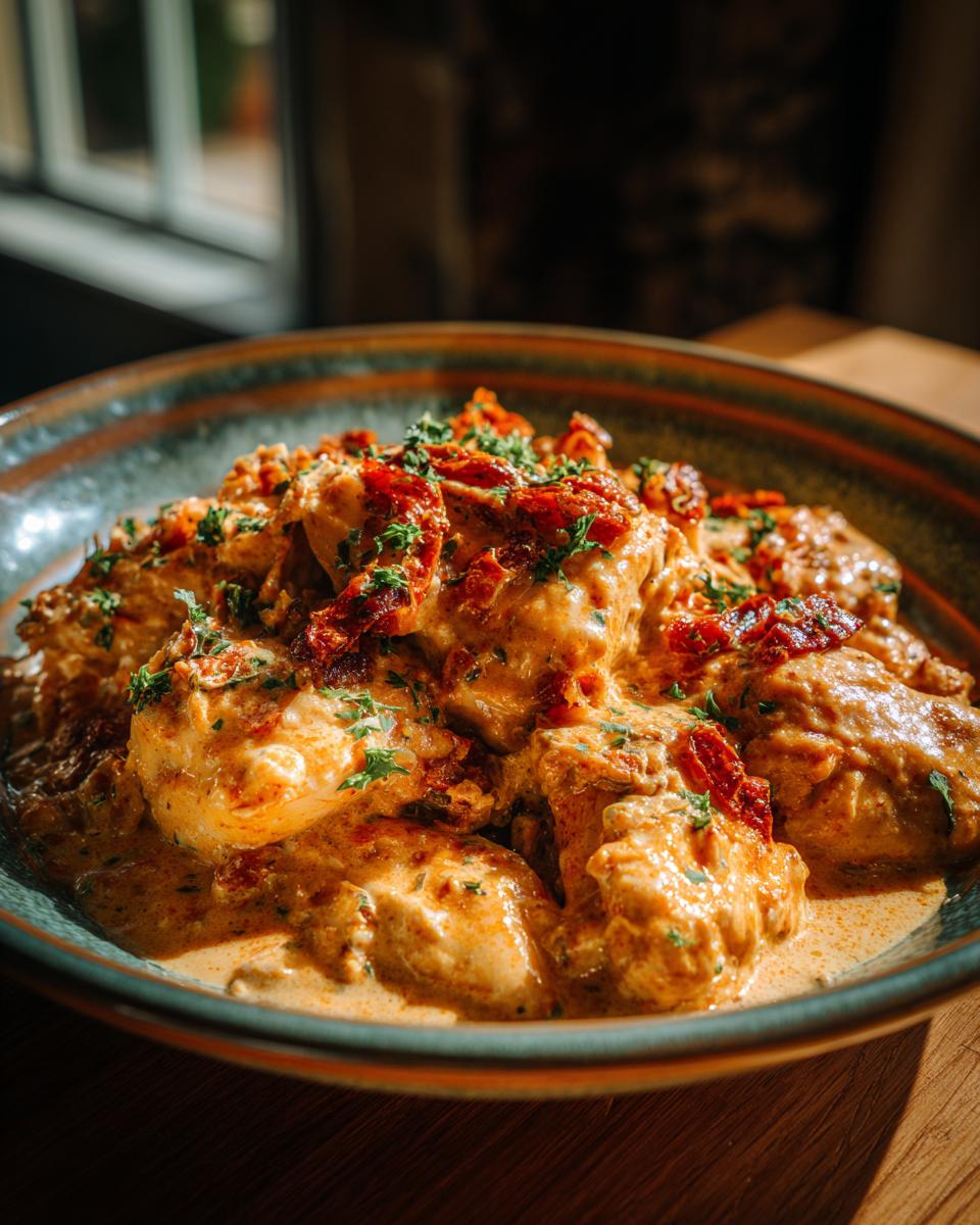 Close-up of Crockpot Marry Me Chicken in a rich, creamy sauce, garnished with sun-dried tomatoes and parsley.